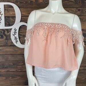 Tobi | Crochet‎ Lace Off the Shoulder Crop Top Chiffon Blouse Bright Feminine